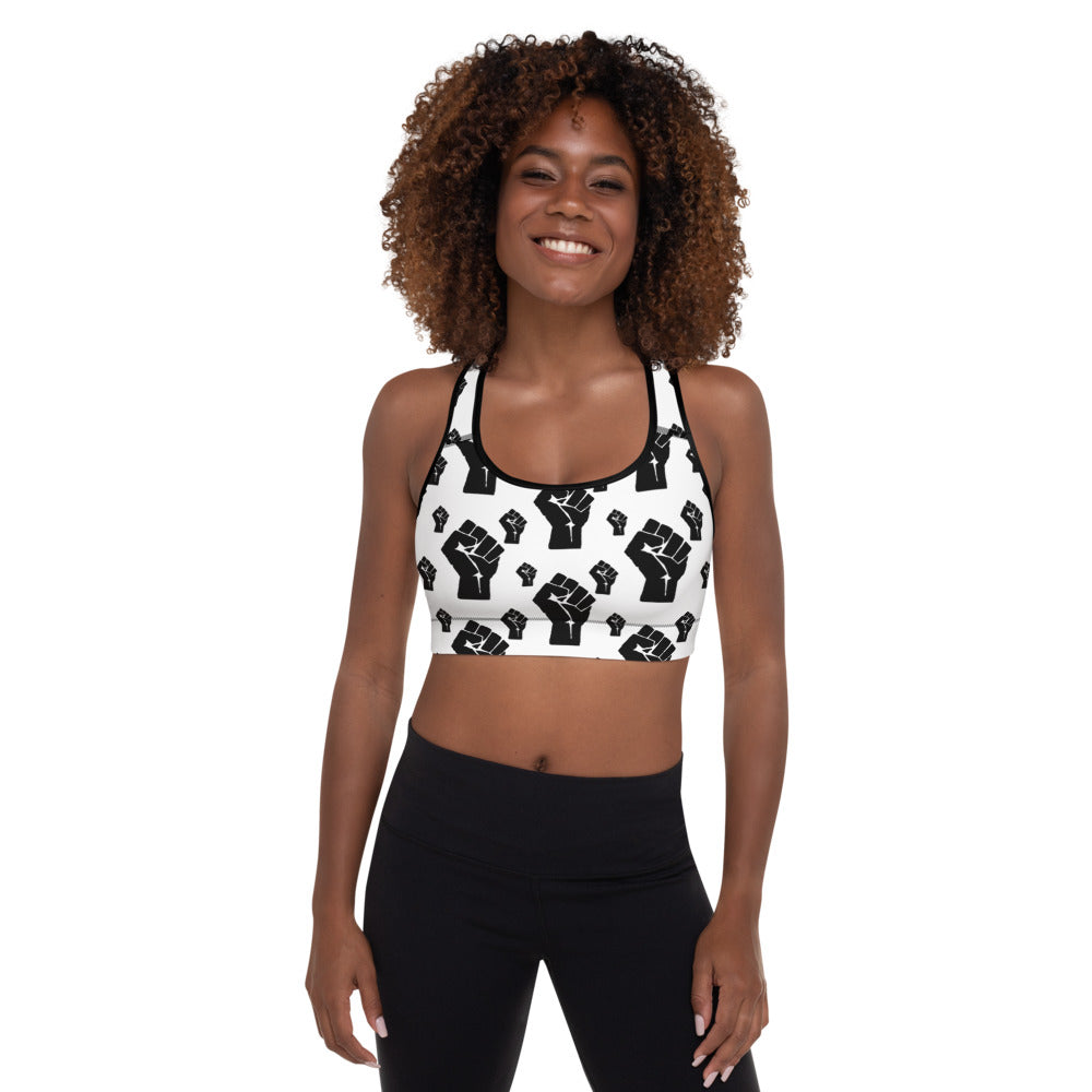 Black Power Fist Pattern Padded Sports Bra