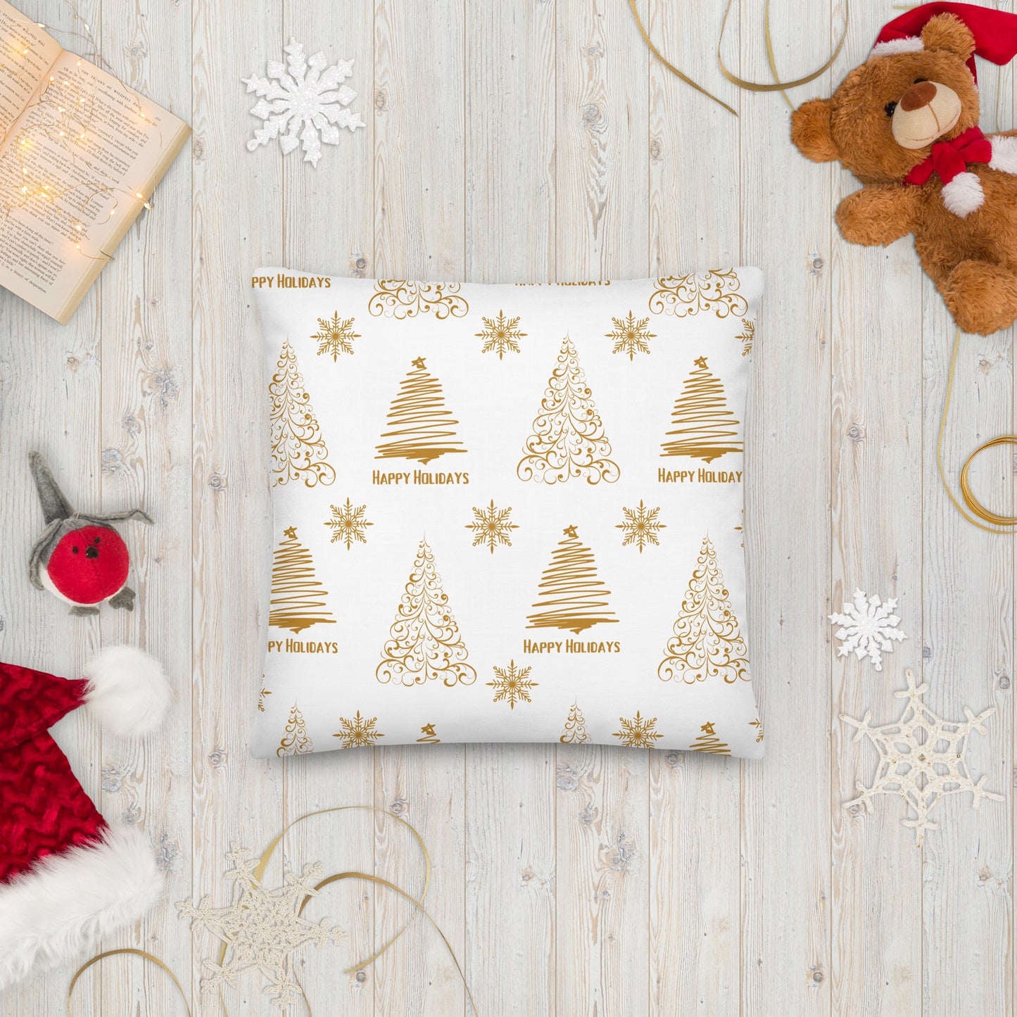 White Golden Christmas Tree Premium Pillow