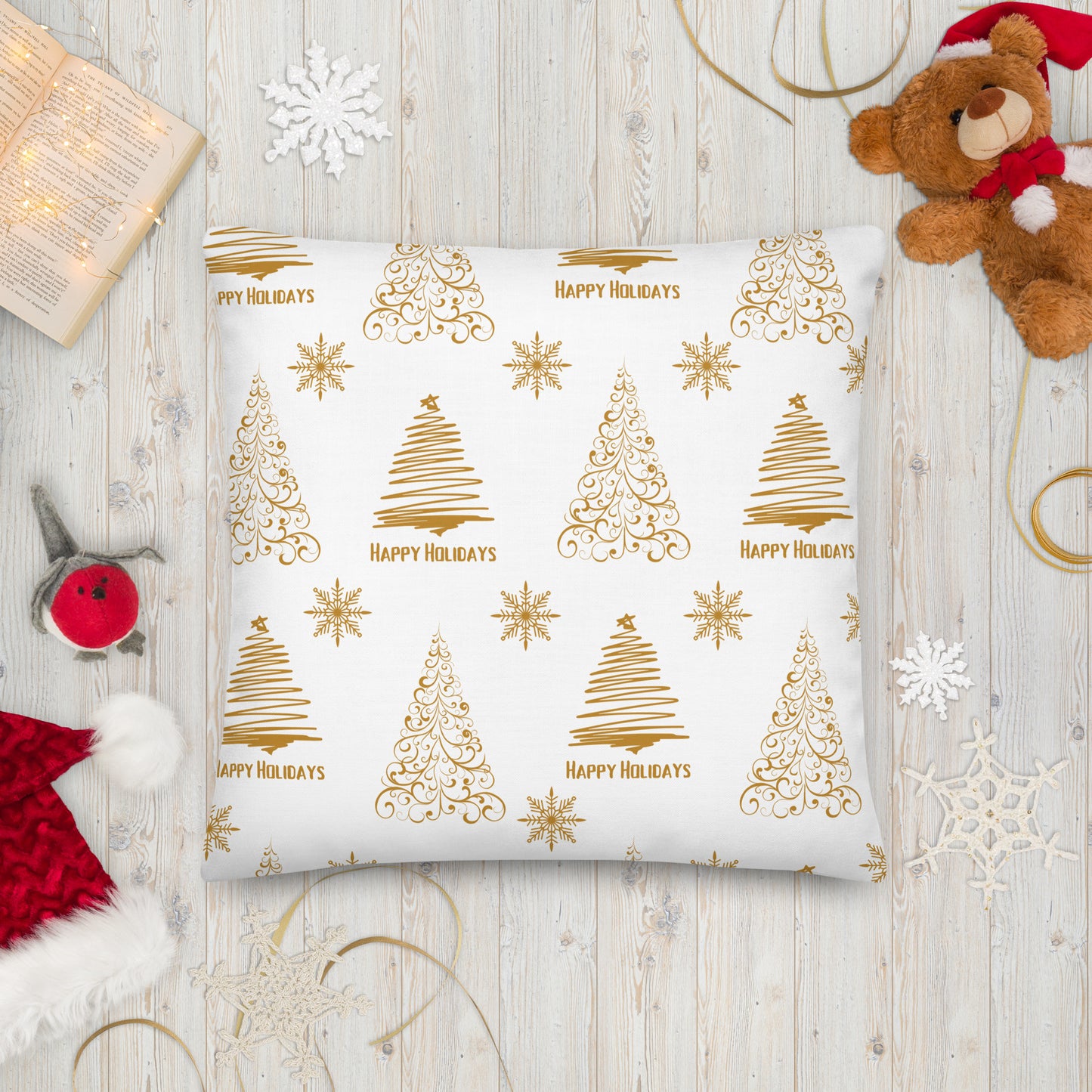 White Golden Christmas Tree Premium Pillow