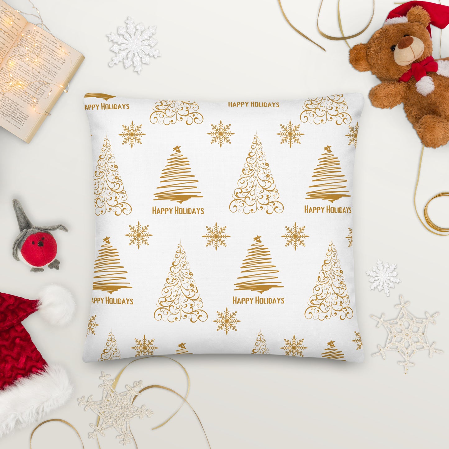 White Golden Christmas Tree Premium Pillow