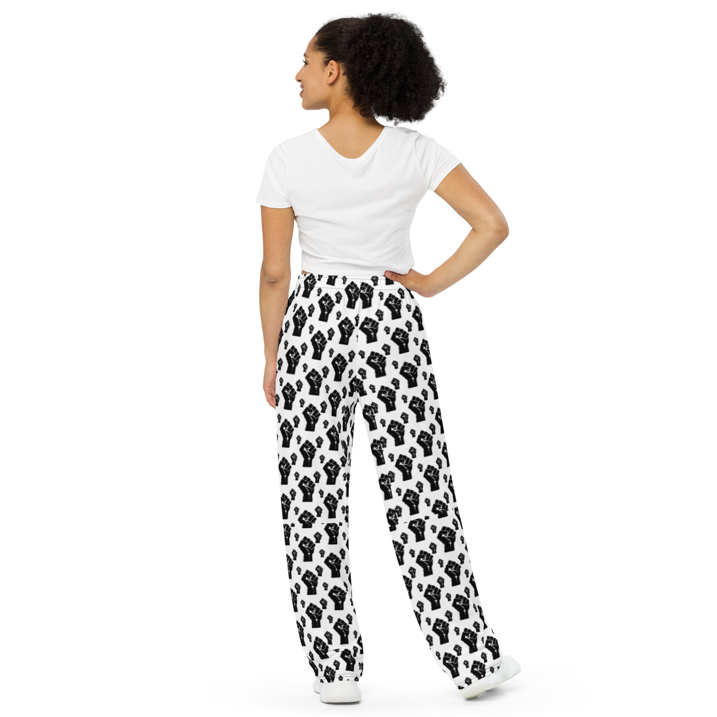 All-over Black Power Fist print unisex wide-leg pants