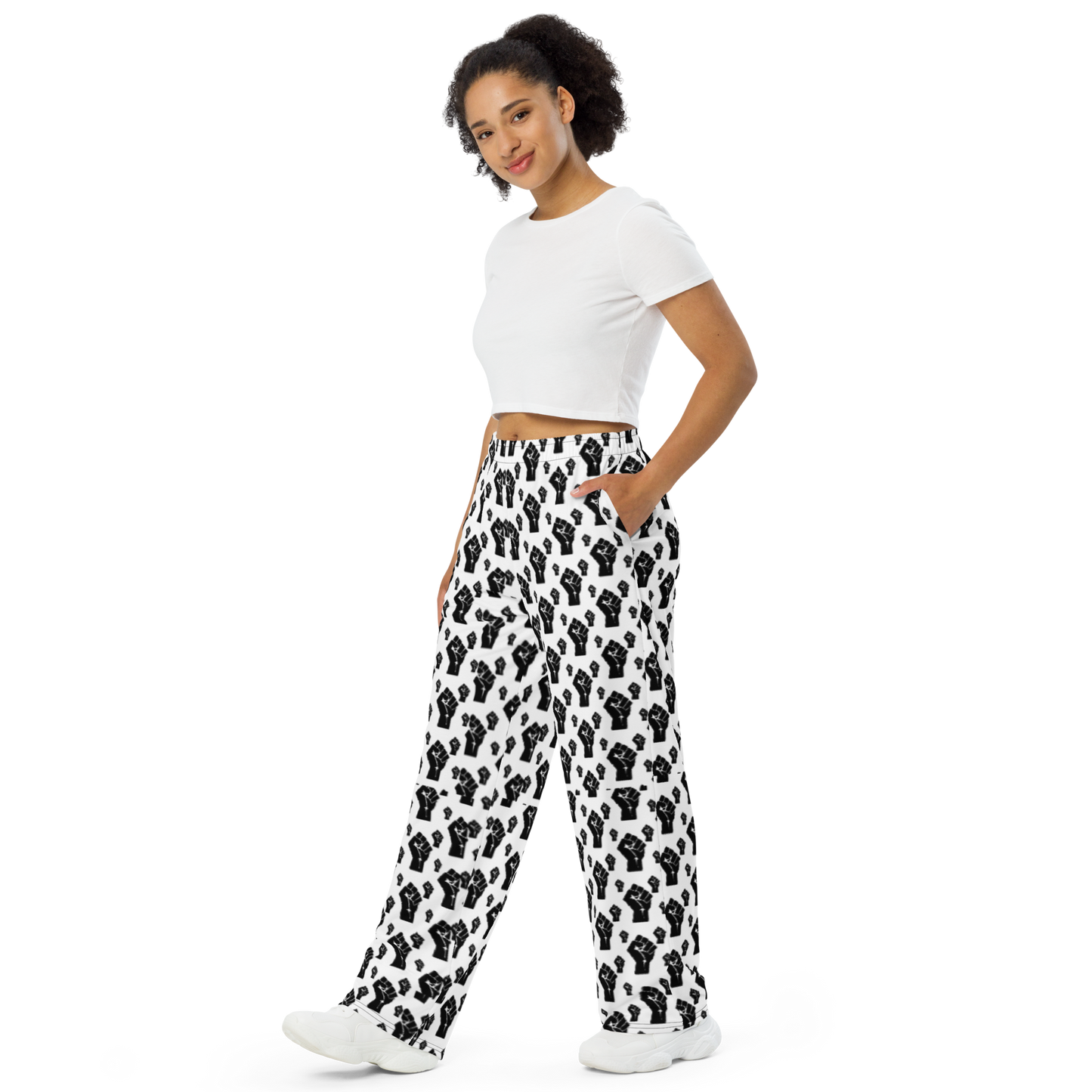 All-over Black Power Fist print unisex wide-leg pants