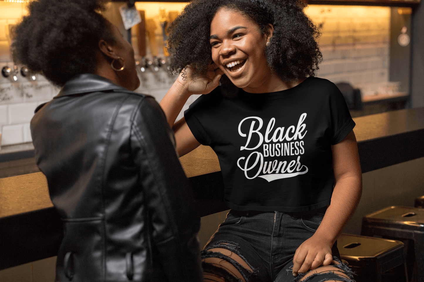 Black Business Owner Cursive (White) Short sleeve crop top - Chocolate Ancestor