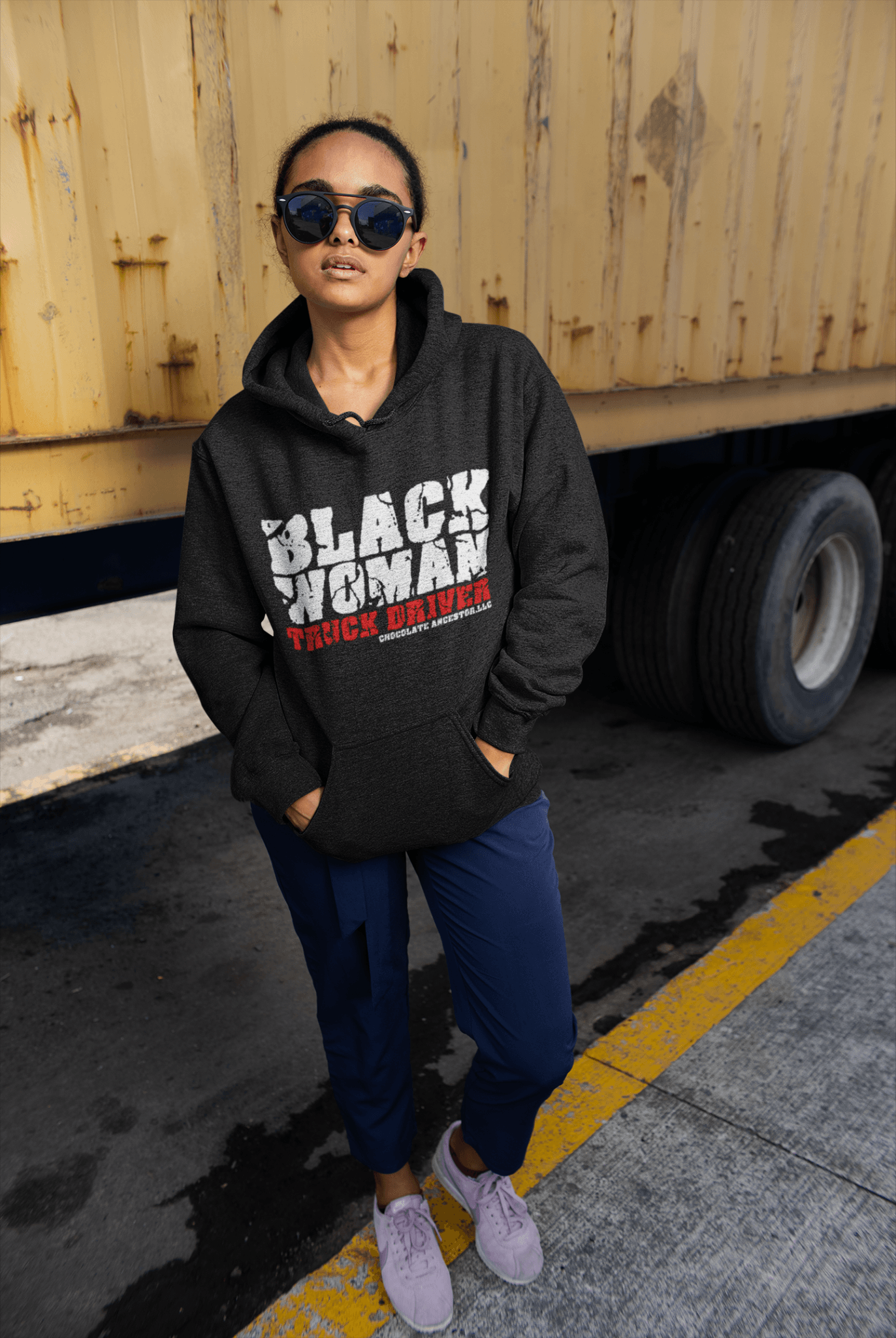 Black Woman Truck Driver Hooded Sweatshirt - Chocolate Ancestor