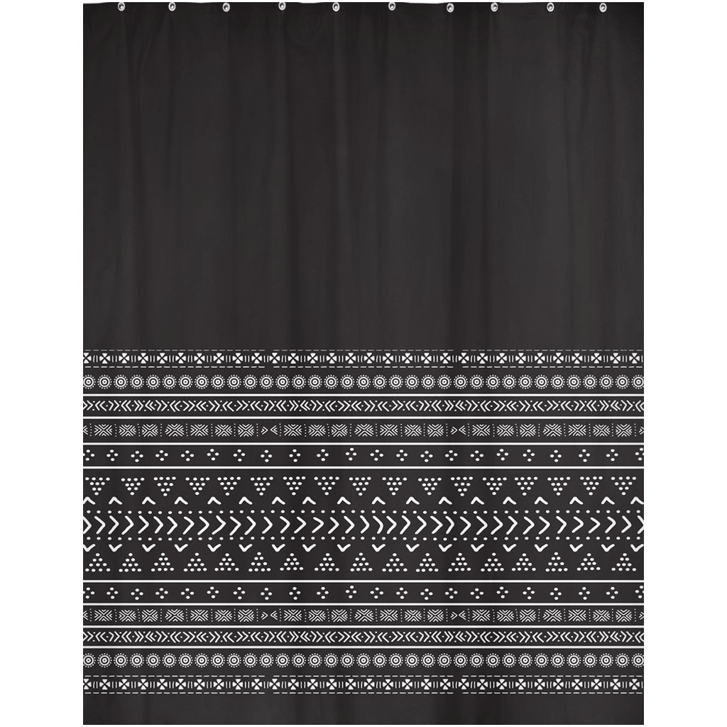 Carbon Black Mudcloth Boho Shower Curtains - Chocolate Ancestor