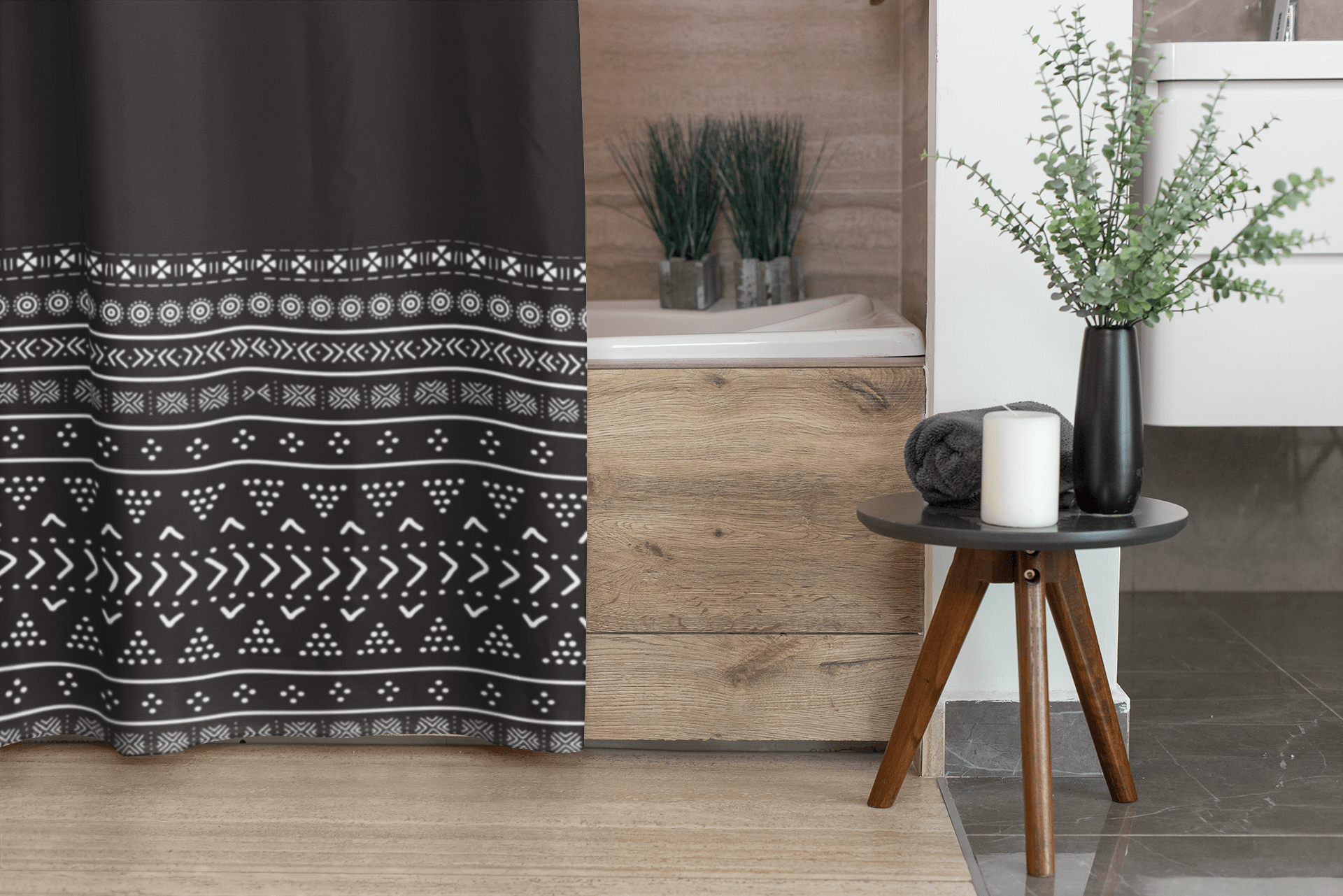 Carbon Black Mudcloth Boho Shower Curtains - Chocolate Ancestor