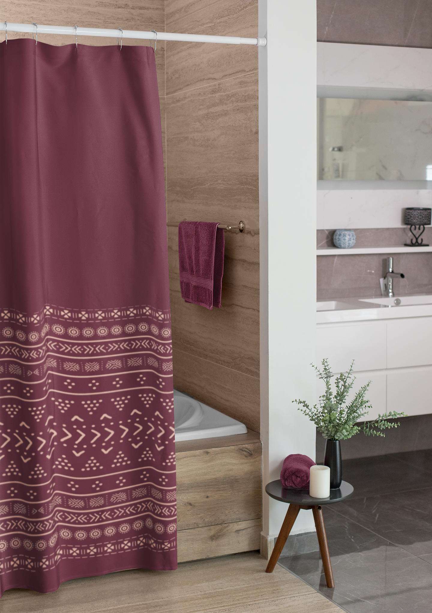 Cabernet Mudcloth Boho Shower Curtains