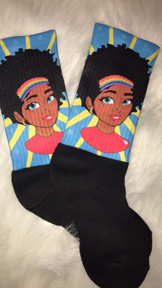 Pop Starburst Diva (Blue) Black foot socks - Chocolate Ancestor