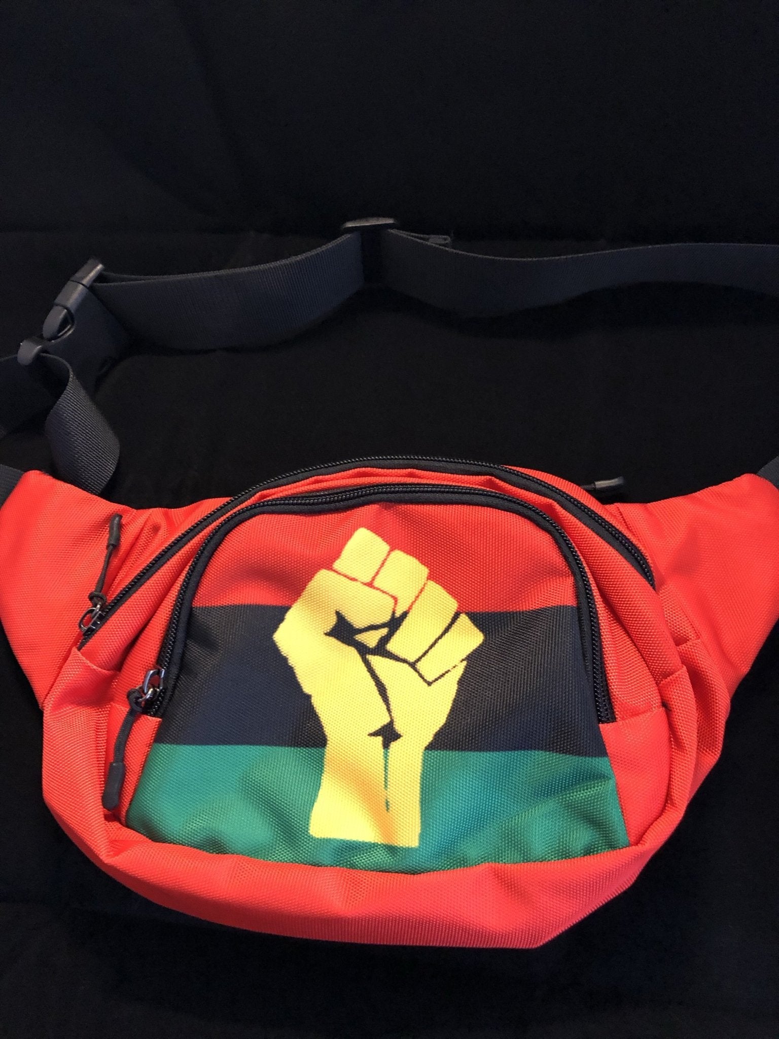 RBG Pan African Flag w/ Yellow Fist Unisex Waist Bag - Chocolate Ancestor