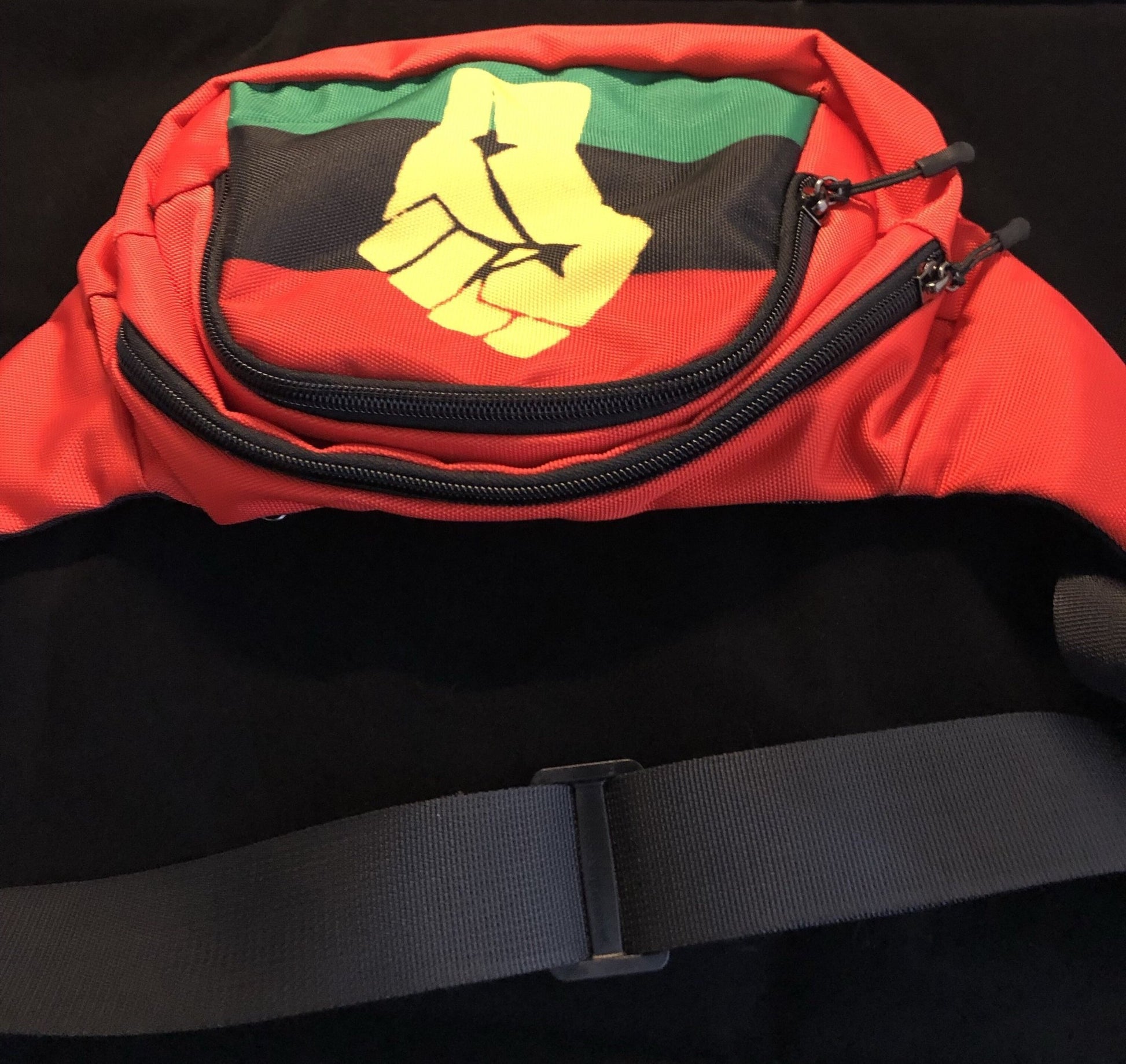 RBG Pan African Flag w/ Yellow Fist Unisex Waist Bag - Chocolate Ancestor