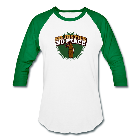 No Justice No Peace Unisex Baseball T-Shirt - white/kelly green